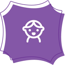 Child icon on purple geometric background.